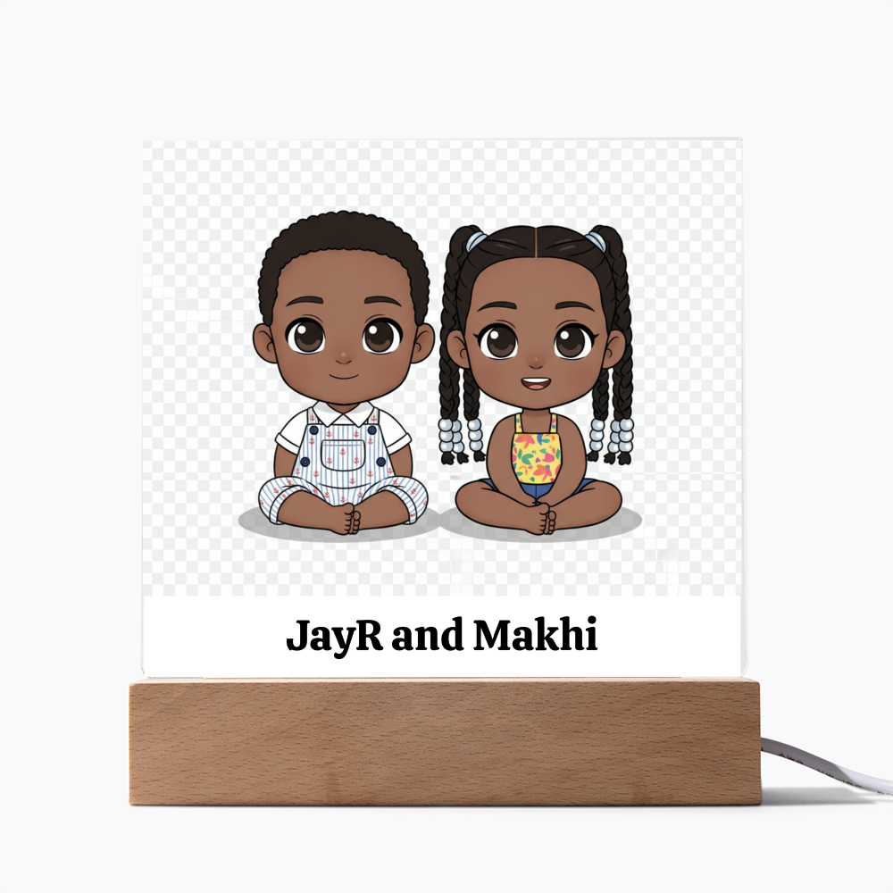 Adorable Personalized Chibi Siblings Printed Acrylic Plaque with LED Base