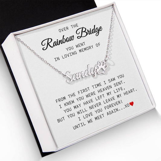 Over The Rainbow Bridge Paw Print Memorial Name Necklace